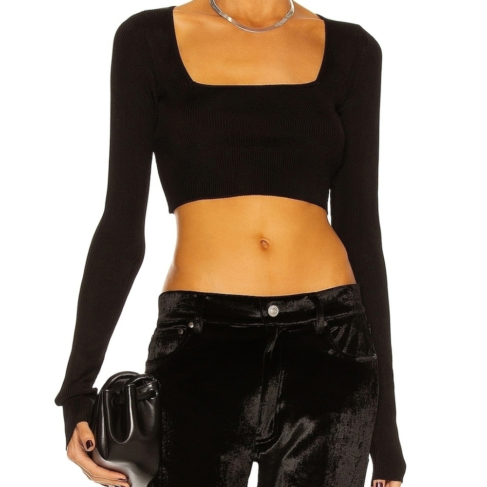 Gauge81 Black Ribbed Square Neck Long Sleeve Kama Cropped Top LG